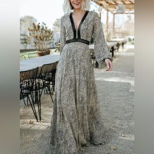 Baltic Born Cha Cha Print Maxi Dress Leopard Cheetah V-neck Long Sleeve Size L